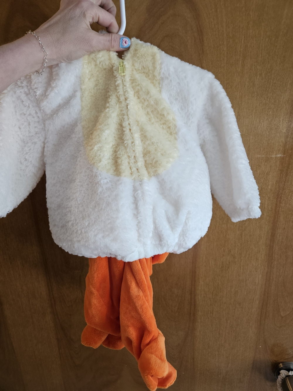 Miniwear Plush Chicken Costume Jacket in White, Cream Orange pants.